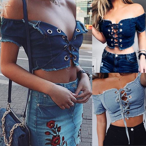 

Ladies Denim Sexy Off the Shoulder Summer Lace Up Short Sleeved Crop Tops Womens Cropped Jumper Blouse T-Shirt Shirt Tee