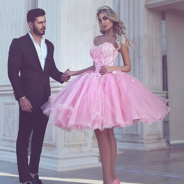 

fuchsia strapless ball gown tulle cocktail dresses arabic short layers lace applique beads homecoming gowns said mhamad designer