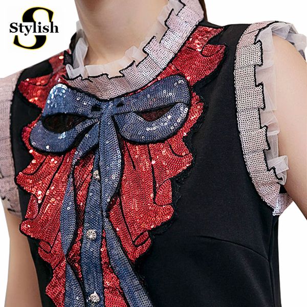 

wholesale- party dress women sequin embroidery bow summer 2016 brand new fashion lace sleeveless tank dresses white/black ladies clothing
