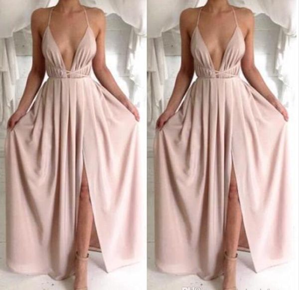 

v-neck chiffon prom dresses side split simple spaghetti straps floor length evening gowns celebrity party gowns robes, Black