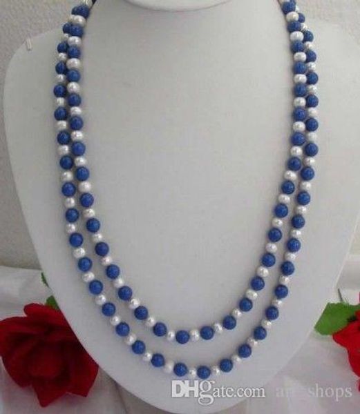 

8mm lazuli lapis & white pearl necklace 65", Silver