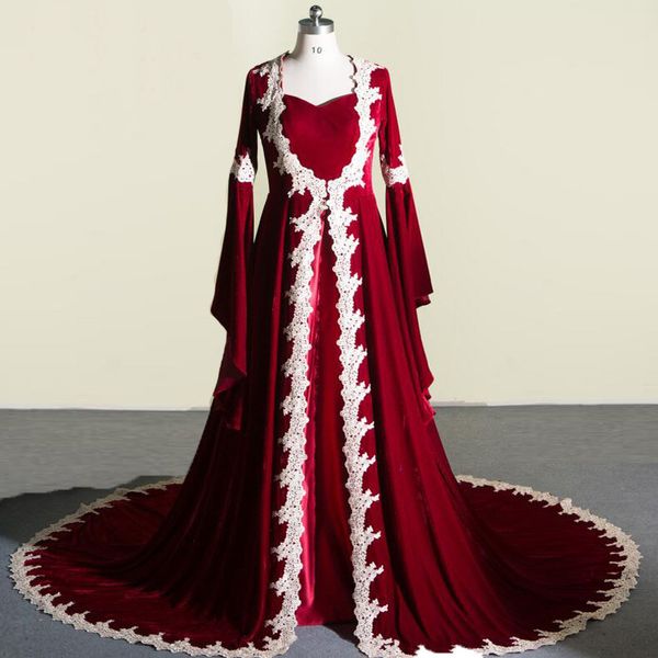 Abiti da sposa in velluto bordeaux vintage con applicazioni di pizzo avorio medievale con cappotto da sposa a maniche lunghe Abiti da sposa gotici su misura EN10139