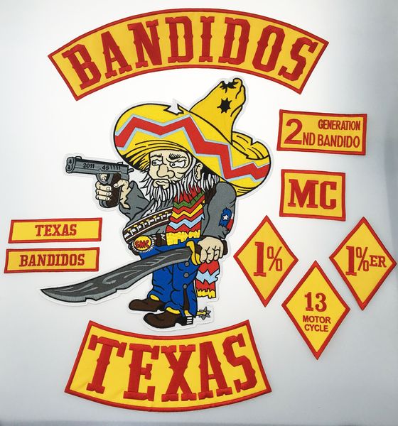 

Hot Sale 10pcs/Set BANDIDOS TEXAS MC Patch Embroidered Iron-On Full Back Size Jacket Vest Motorcycle Biker Patch 1% Patch Free Shipping