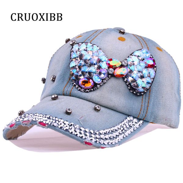 

wholesale- cruoxibb new fashion women's baseball cap women cowboy hats denim simulated diamonds butterfly snapback cap summer hat caps, Blue;gray