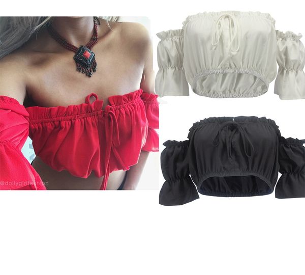 

2017 new new women off shoulder short sleeve loose ruffled crop vest t-shirt tank 2 colors 4 size, White