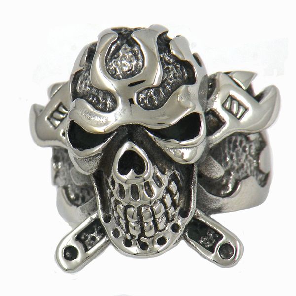 

fanssteel stainless steel punk vintage mens jewelry cross spanner wrench flame skull biker ring gift for brothers sisters, Silver