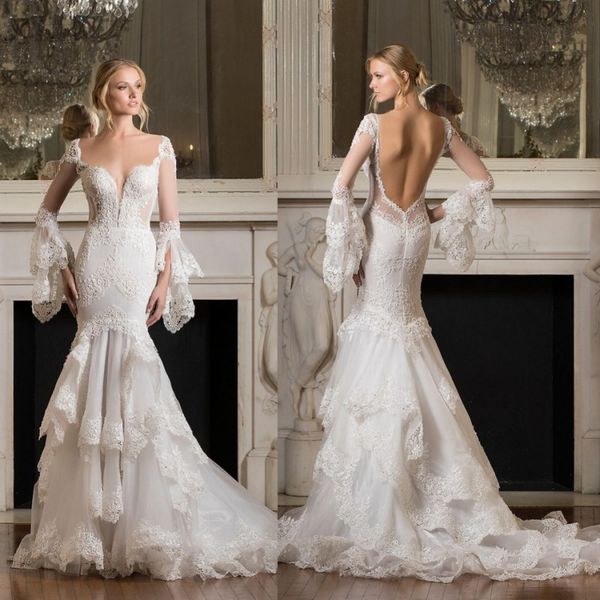 

pnina tornai свадебные платья с длинным рукавом и рукавами русалки 2019 года без бретелек и кружевными аппликациями, White