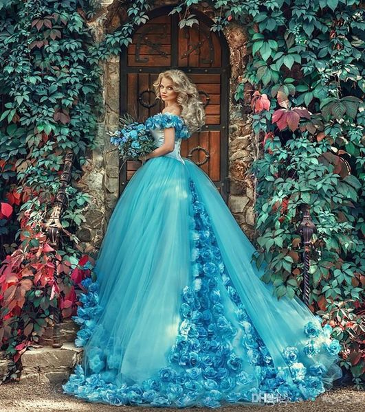 Vintage azul quinceanera vestidos de baile fada feito à mão flores fora do ombro tule doce 16 vestidos de 15 anos birthda2062