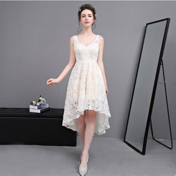 

champagne v neck lace high low bridesmaid dresses 2018 new wedding party dress short front long back, White;pink
