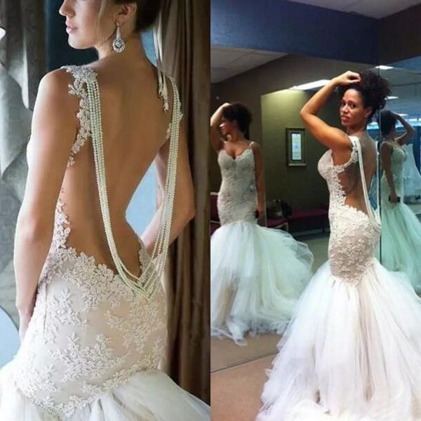 

illusion back lace mermaid wedding dresses 2016 beading tulle ruched long bridal gowns custom made china en8155, White