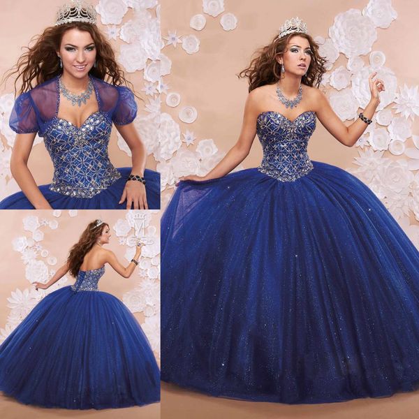 

chic blue beaded ball gown quinceanera dresses with jacket sweetheart neckline crystals prom gowns tulle sequined rhinestones sweet 16 dress, Blue;red
