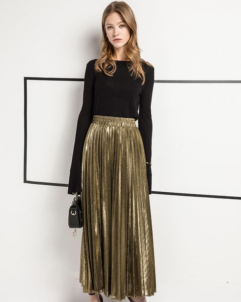 

fashion gold skirts elastic waist silver long 2017 spring summer dresses pleated skirts beach dress high waist, Black