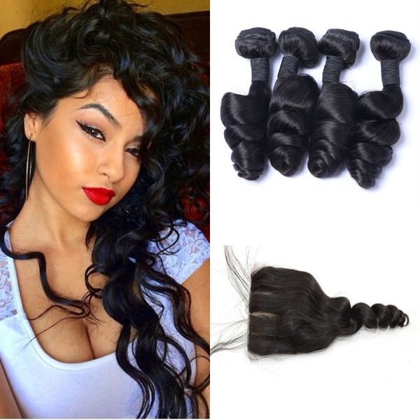 Virgin Peruvian Loose Wave Silk Base Closure With 4bundles 100