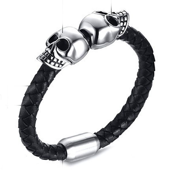 

2016 панк черный плетеный натуральная кожа браслеты с двойной череп подвески брасл