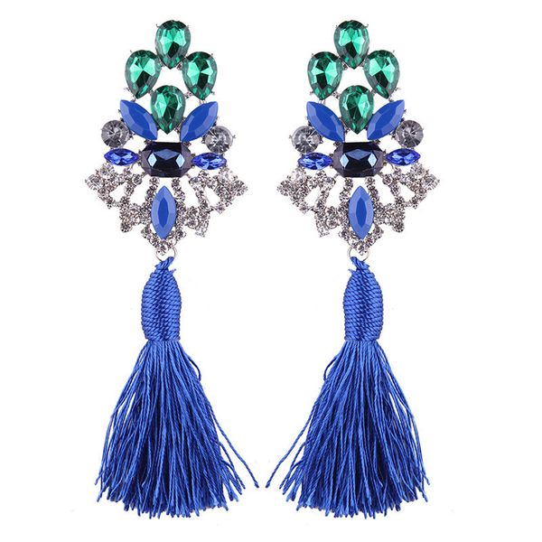 

new boho style big shining gemstone crystal long fringed statement dangle earrings for women fashion tassel drop earring, Silver