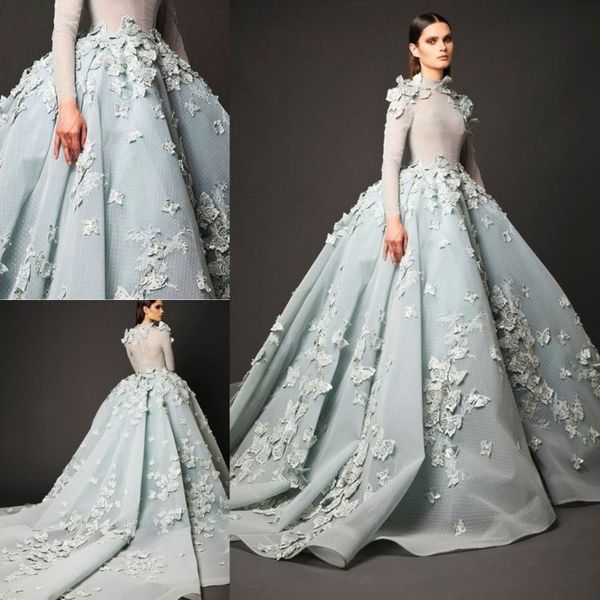 

Light blue party prom dre e long illu ion evening gown with butterfly flower ball gown cocktail dre cu tom made high neck