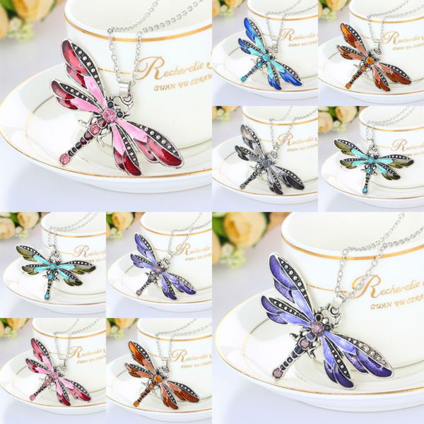 

wholesale- retro style dragonfly crystal pendant necklace rhinestone statement chain necklace charm for women girl jewelry, Silver