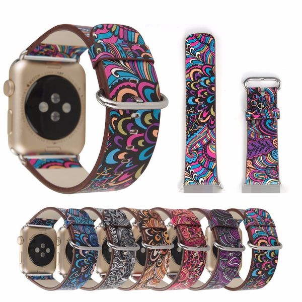 Для Apple Watch Ultra 49 мм PU Кожаный бретель 41 мм 45 мм 38/42 мм 40 мм 44 мм серии 8 7 6 SE 5 4 3 2 1 1 Цветочные принты Винтажный цветочный национальный дизайн стиля национального стиля