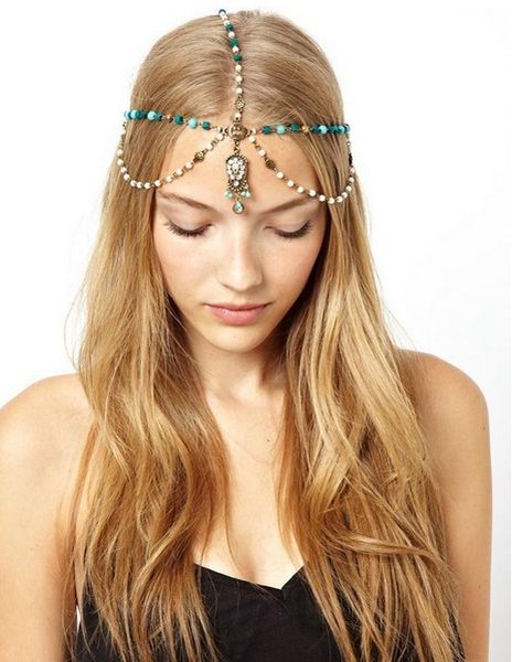 

turquoise waterdrop forehead headband piece antique gold plated water drop pendant head band womens hair jewelry, Silver