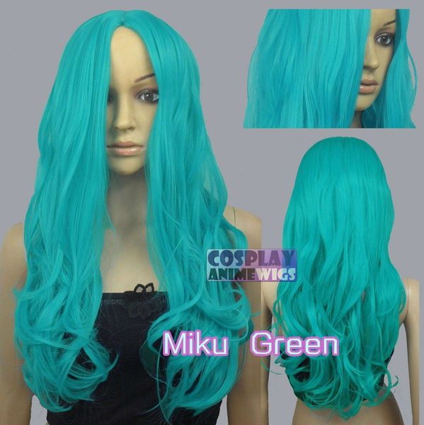 

60cm miku green heat styleable no bang curly wavy cosplay wigs 38_mgg, Golden;white