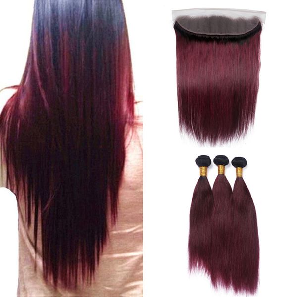 2019 1b 99j Ombre Lace Frontal Closure With Bundles Dark Roots 1b Burgundy Ombre Straight Hair Weaves With Lace Frontal Wine Red Ombre Hair From