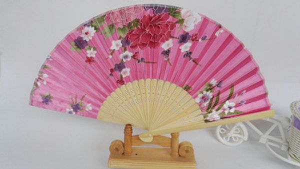 

7" pretty silk floral folding hand held fan wedding party favor cloth crafts women wooden fans 10 pcs/lot ing