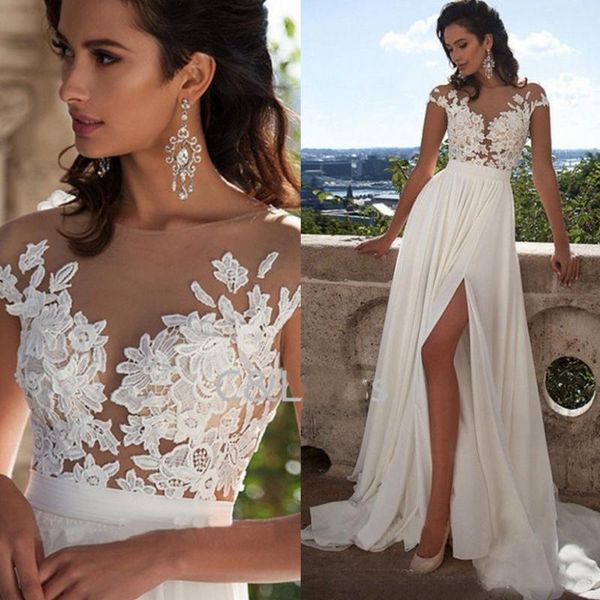 

new arrivals sheer neck thigh-high slits aline sleeveless bridal gowns fashion elegant lace long beach wedding dresses, White