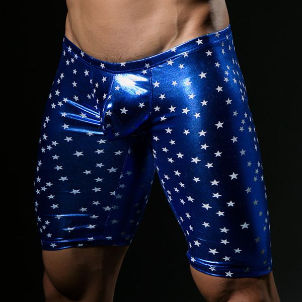 

wholesale- faux leather shorts man boardshorts gay male party stage mens star printed skinny compression tights low-waisted dancewear, White;black