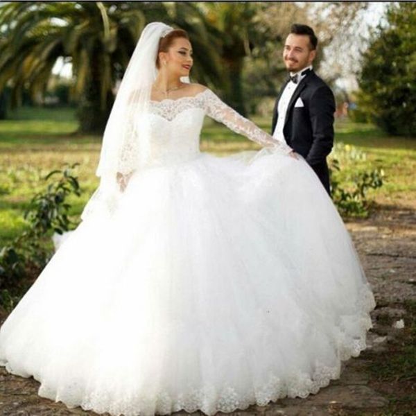 

с плеча новый скромный мусульманский бальное платье принцесса свадебное платье с длинным рукавом тюль сад романтические на заказ аппликации, White