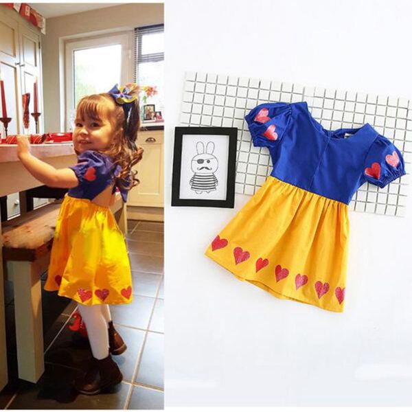 

kids baby girls snow white costume dresses blue yellow heart children lovely princess ruffles girls summer party wear dress for girls, Red;yellow