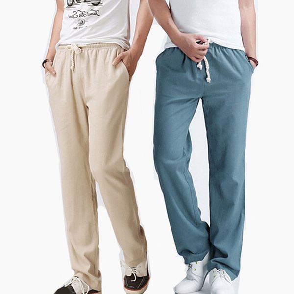 

wholesale-2016 summer men linen trousers big size casual mens jogging pants m-5xl men's fashion solid color comfortable loose linen pan, Black