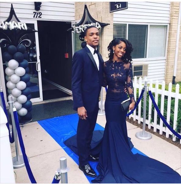 

see through illusion lace prom dresses long sleeves o neck mermaid navy blue sweep train party evening dress gowns, Black
