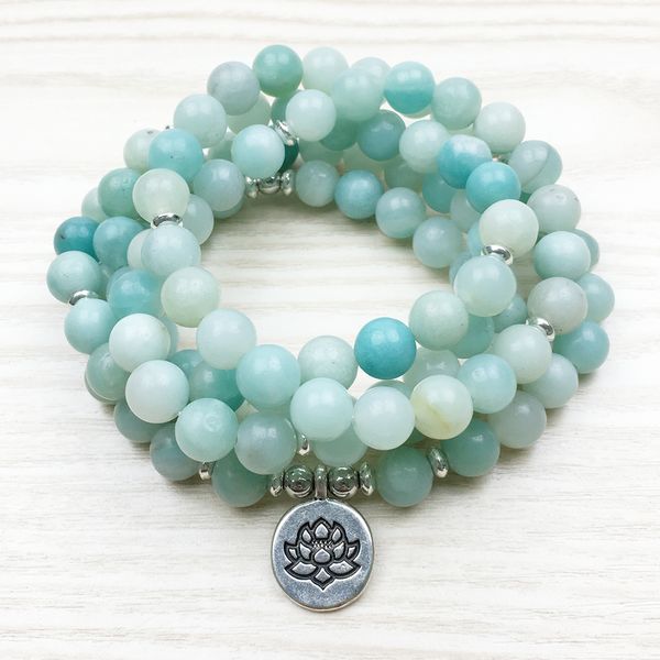 SN1163 Moda 2017 Women `s 8 mm AB + Am-azonite 108 Mala Beads Bracciale o Collana Lotus Buddha Ohm Braccialetto di Yoga di Fascino Spedizione Gratuita