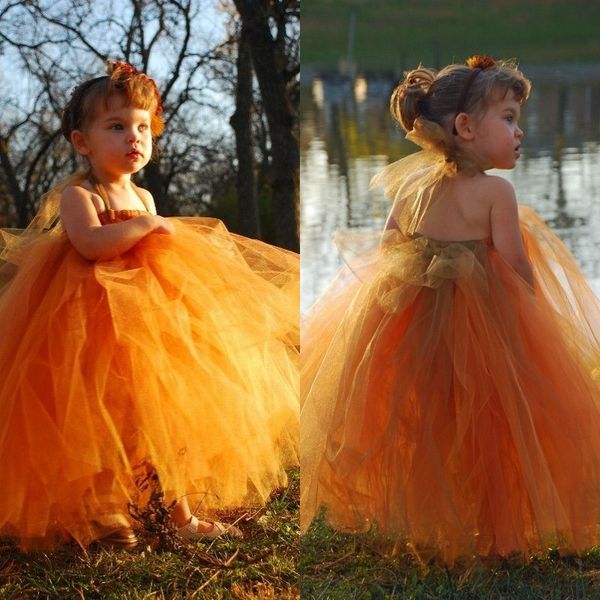 Queda 2017 Bonito Laranja Tulle vestido De Baile Vestidos Da Menina de Flor Halter Pescoço Puffy Saia Até O Chão Estilo Country Pageant Vestidos Da Menina de Flor