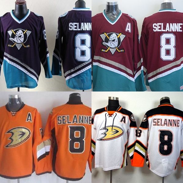 

горячие продажи дешевые мужские anaheim утки 8 teemu selanne джерси черный / белый / оранжевый / красный, новый сшитые лучшее качество хокке, Black;red