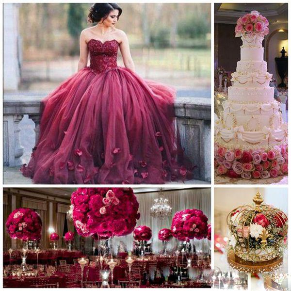Escuro Vermelho vestido de Baile Vestidos de Baile Querida Lace Tulle Pétala Embelezado Até O Chão Vestidos de Noite 2017 Doce 16 Vestidos