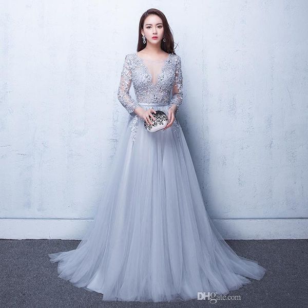 

illusion evening gowns lace formal 2017 real ps prom dresses with applique beads crew neck 3/4 sleeves under 100, Black