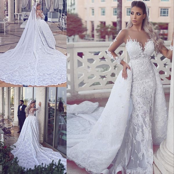 

gorgeous said mhamad wedding gowns sheer jewel neck long sleeves lace applique wedding dresses mermaid bridal dress with over-skirts, White