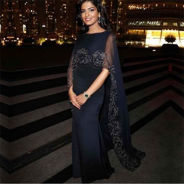 

navy blue chiffon lace mermaid arabic evening party dress with cape 2018 backless plus size formal prom occasion gown vestidos de novia, Black;red