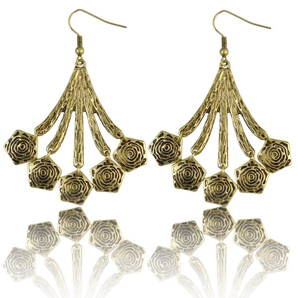 Idealway Bohemian Zigeuner Vintage Silber Gold plattiert 2 Farben Legierungsschnitzer Rosenblumentropfen Hangle Ohrringe