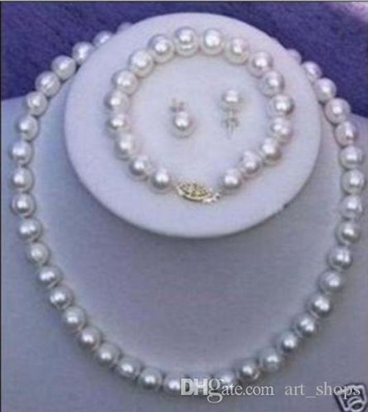 

8-9mm white freshwater cultured pearl necklace bracelet earring set ll001, Black