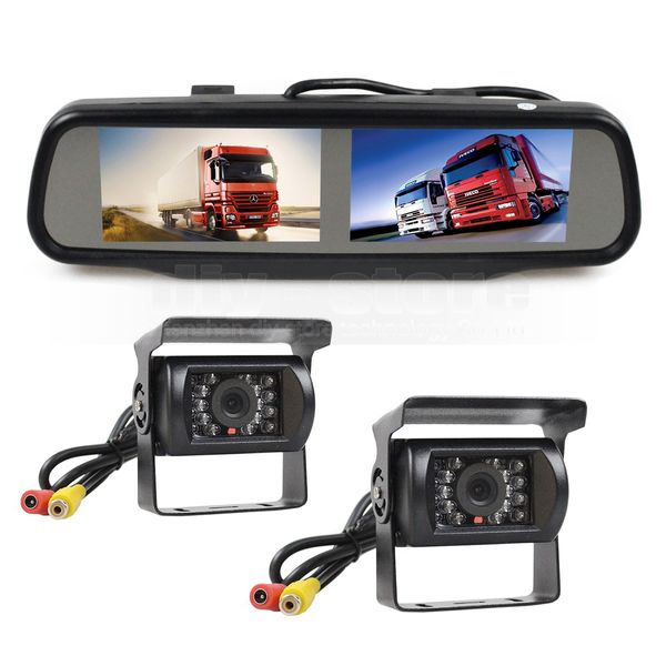 Doppio monitor per specchietto retrovisore da 4,3 pollici + IR CCD Telecamera per autobus per camion con retromarcia per auto impermeabile