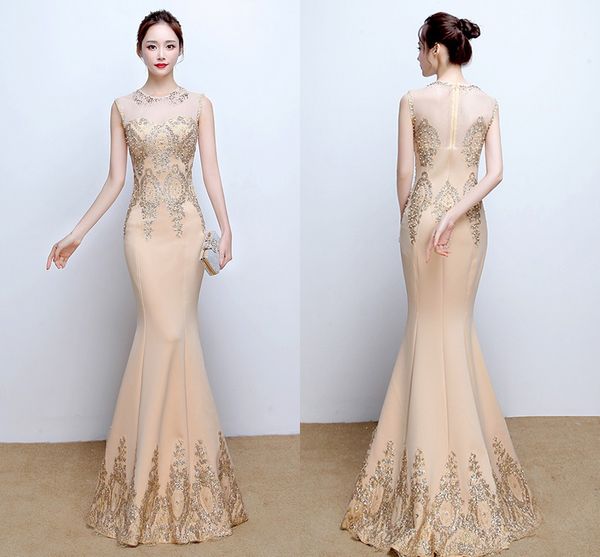 

2020 Gorgeous Evening Dresses Champagne Jewel Neck Sleeveless Mermaid Gold Appliques Lace Formal Prom Party Dress