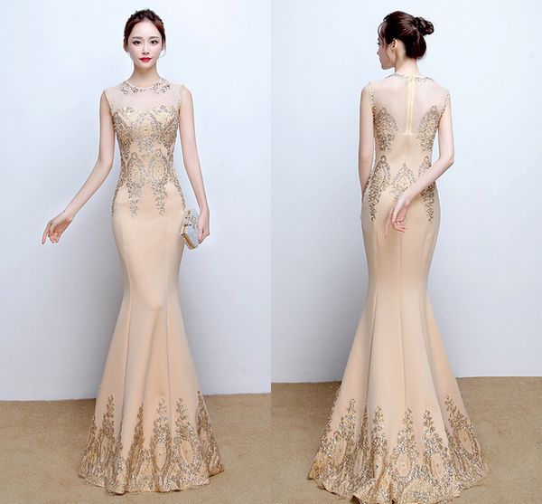 

2020 Gorgeous Evening Dresses Champagne Jewel Neck Sleeveless Mermaid Gold Appliques Lace Formal Prom Party Dress