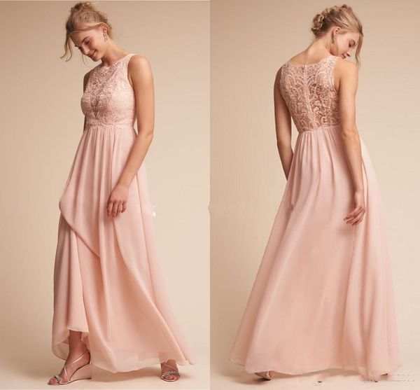

blush long bridesmaid dresses elegant vestidos a line illusion lace bodice country wedding guest evening party gown, White;pink