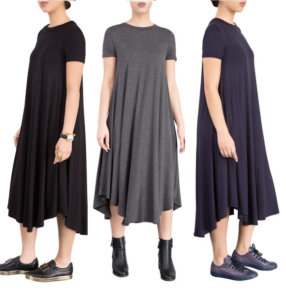 

summer women dresses short sleeve loose casual o neck mid calf length shirt dress vestidos mujer 3 colors, Black;gray