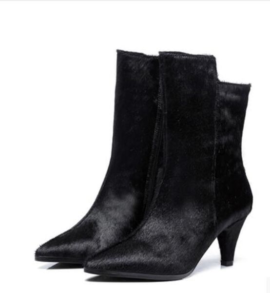 

women short boots pointed horseshoe winter new arrival classic luxury fashion brand genuine leather ladies soft warm boots, Black