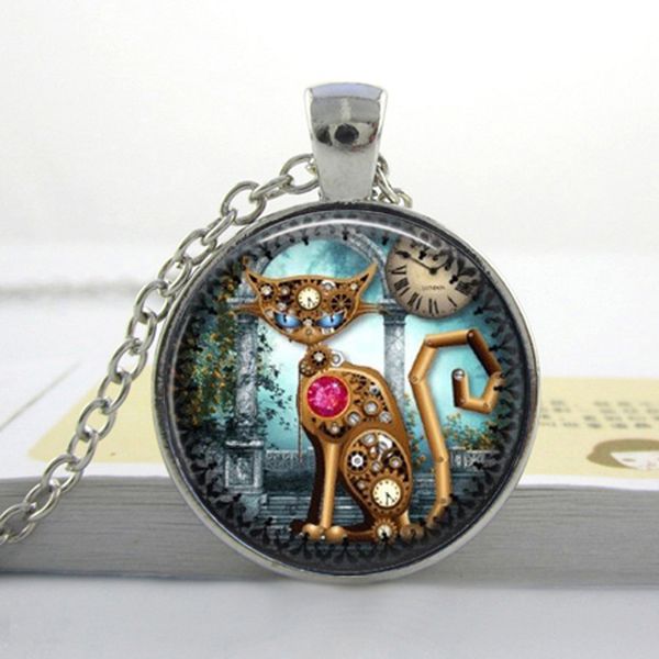 

new fashion glass p vintage steampunk cat pendant steampunk clock necklace steampunk jewelry, Silver