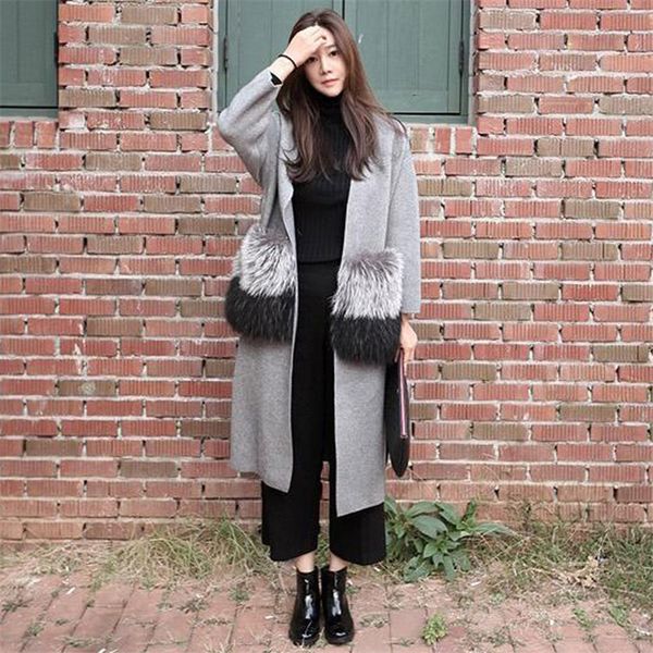 

wholesale-[soonyour] 2016 fall and winter new women cardigan high imitation fur split in cashmere long sweater cardigan rs062, White;black