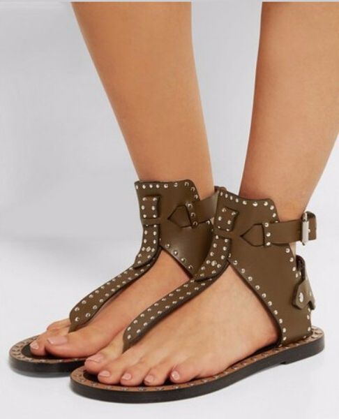 

Brand Designer Studded Leather Sandals Black Leather Mid heel Ankle Wrap Rivets Sandals Summer Gladiators Feminino Sandalias
